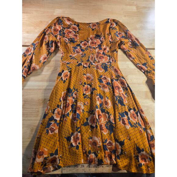 Free People Mustard Yellow Floral Long Sleeve Knee Length Dress Size 4 Elastic - Picture 13 of 15